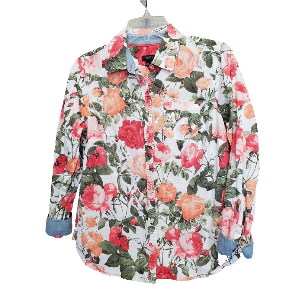 Talbots Petites Cotton Floral Contrast Cuff Button-Up Shirt Size 10P
